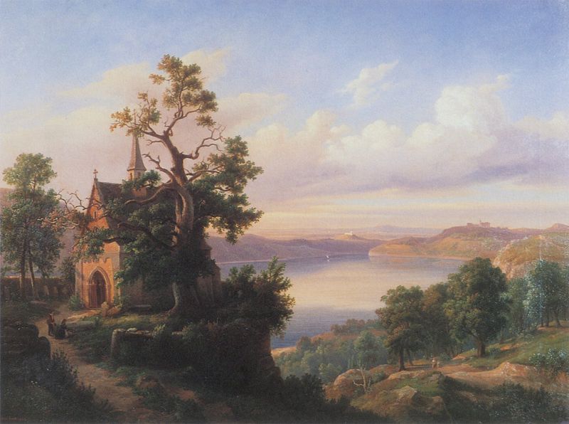 Krajobraz z jeziorem i kocioem gotyckim