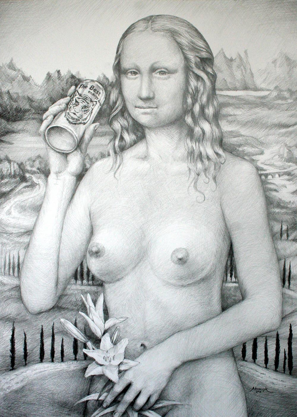 Mona Lisa Drinking Energy Drink