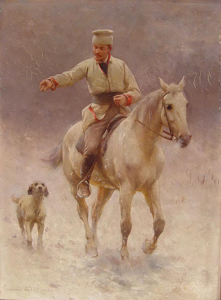 Jedziec na koniu z psem w zimie