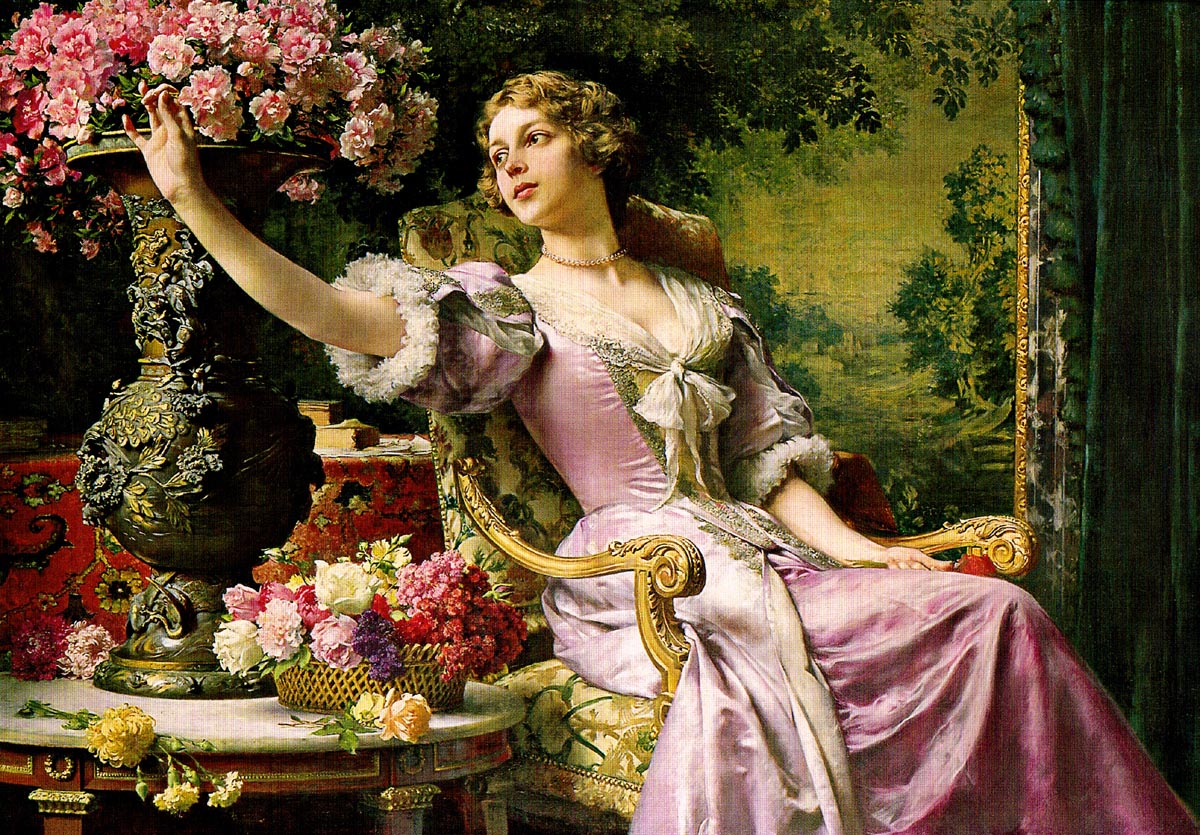Dama w liliowej sukni z kwiatami