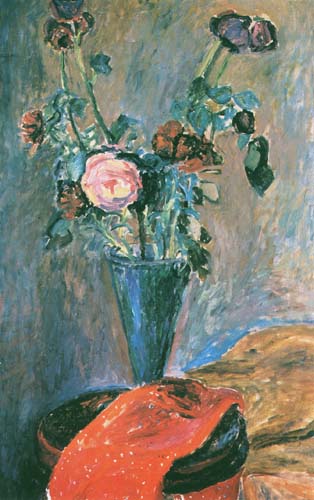 Vase with Flowers and Red Drapery