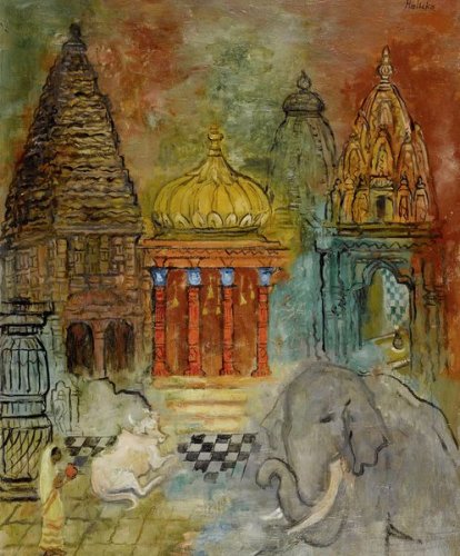 Elephant, Cow and Woman in Front of a Temple
