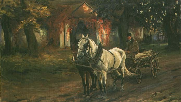 Horse-Drawn Cart in front of a Manor House