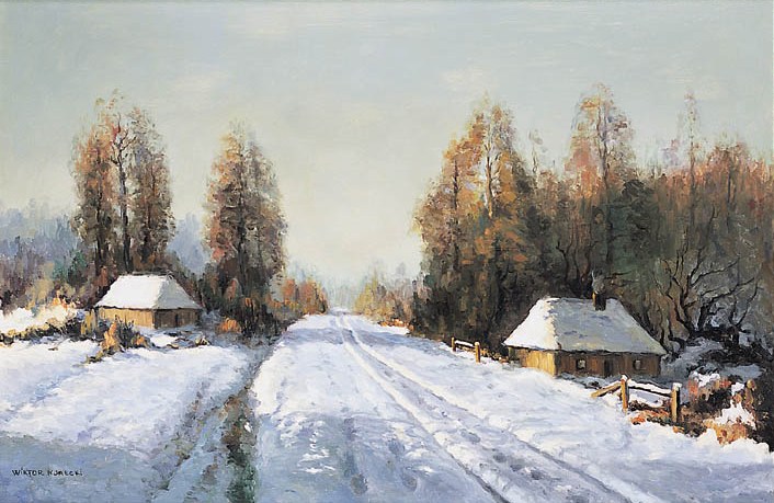 Pejza zimowy z chatami przy lenej drodze