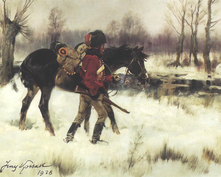 Hussar with a Horse in a Winter Landscape