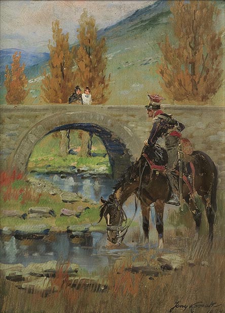 In Spain. Soldier Watering a Horse