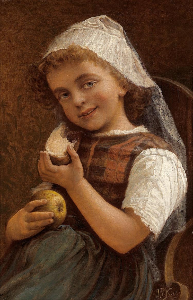 Dziewczynka z kromk chleba i jabkiem