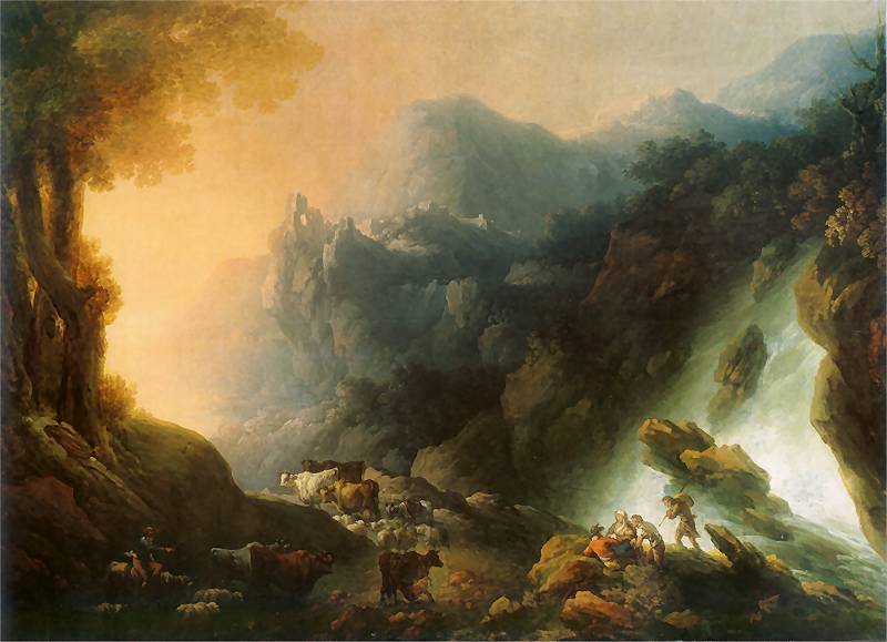 Mountainous Landscape with Waterfall (The Sunset)
