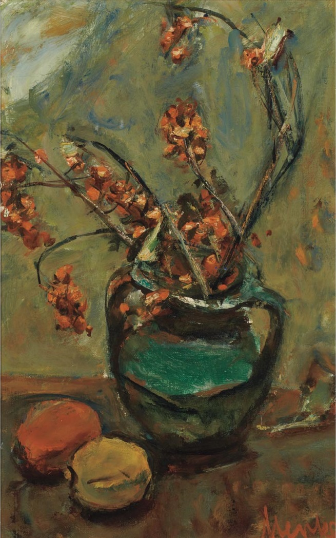 Berry Branches in a Green Pitcher
