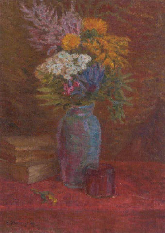Summer Flowers in a Coloured Glass Vase