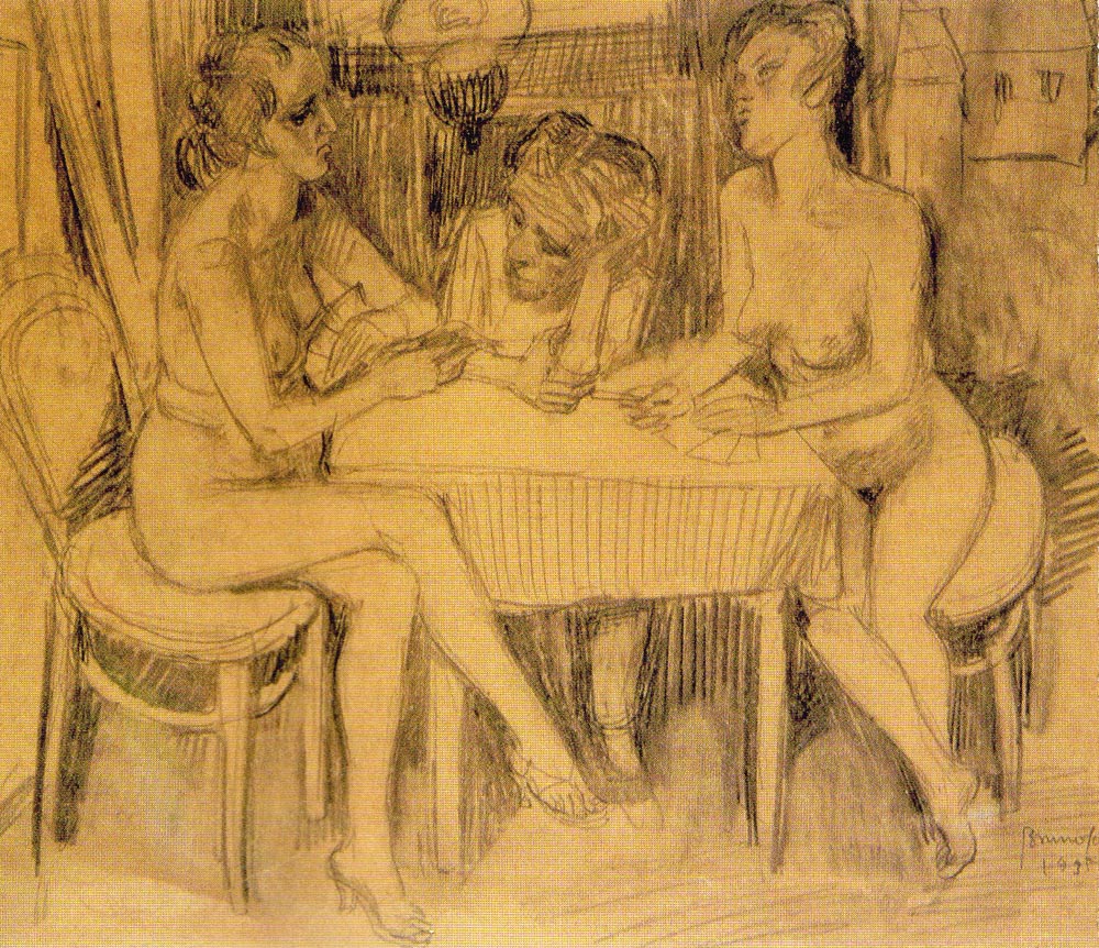 Mczyzna midzy dwiema nagimi kobietami przy stole