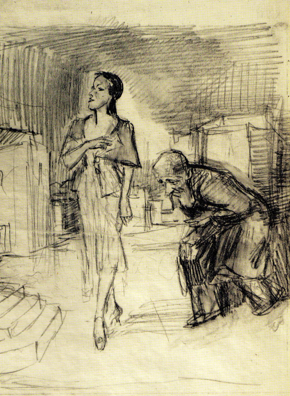 Woman and a Bowing Old Man