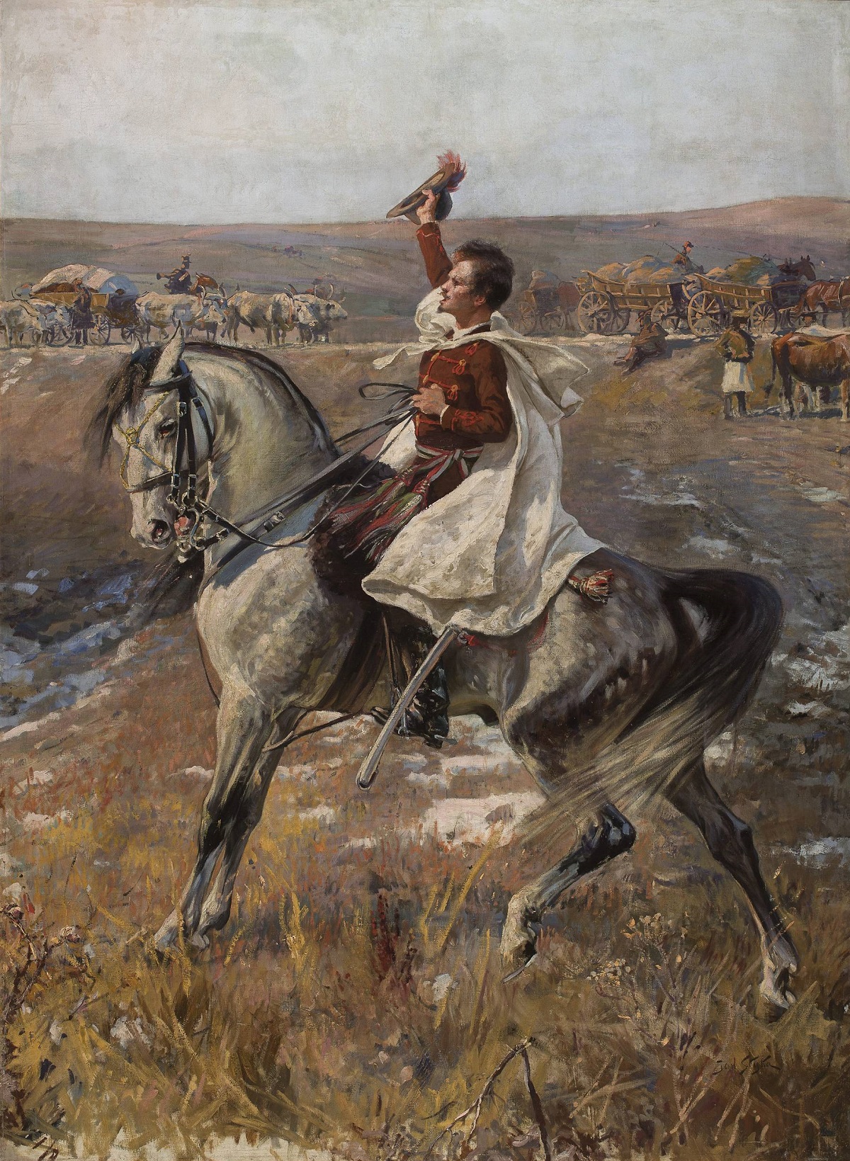 Portret Petfiego na koniu na tle taboru