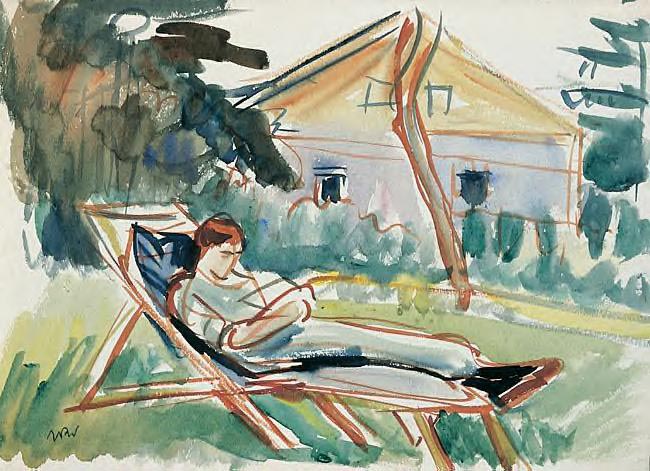 Aneri Lying in a Deck Chair in Front of the House in Kalwaria
