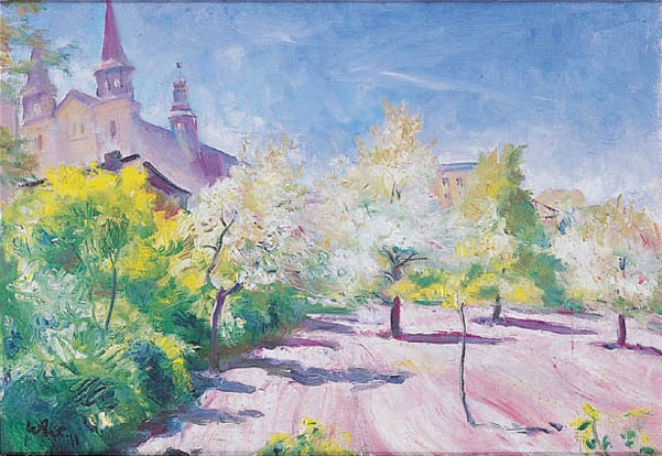Spring Orchard with a Church