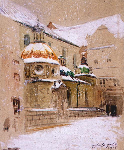 Widok Wawelu z Kaplic Zygmuntowsk w zimie