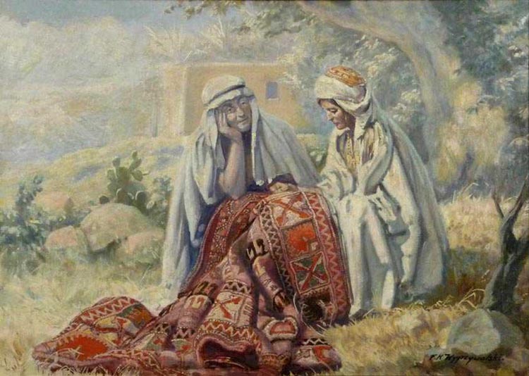 Arab Woman Mending Carpet
